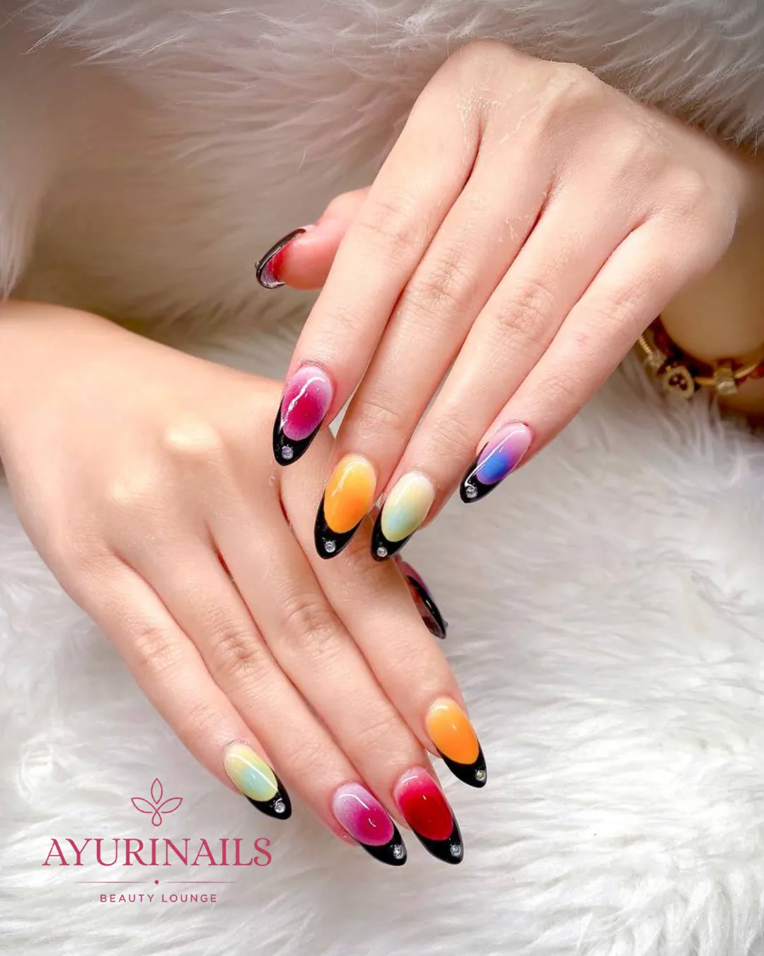 airbrushed rainbow ombré nails with black French tips, AyuriNails Beauty Lounge Poblacion Makati
